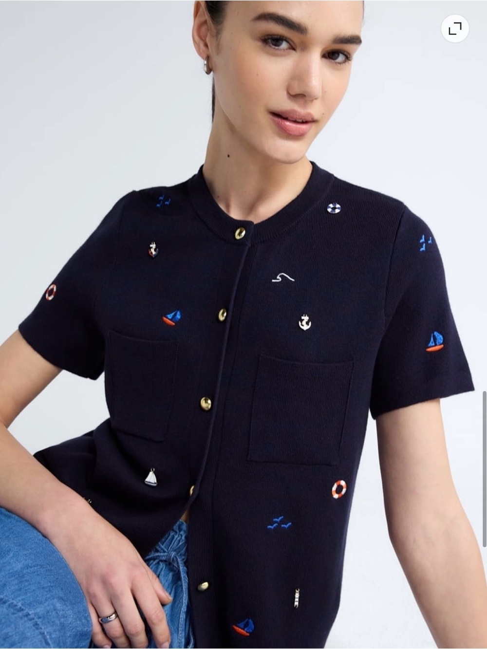 NWT Nautical Embroidered Navy Button-Front Top Free Assembly Size XS 0-2